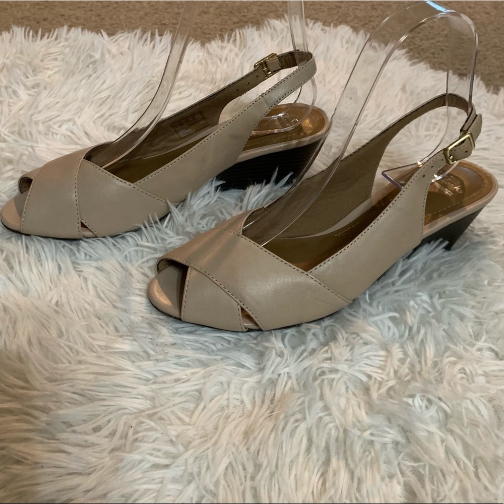 Clark Collection tan open toe sling back wedges Size 6